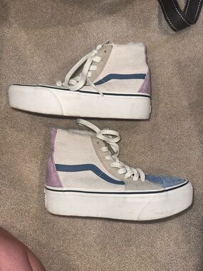 Vans High-Top Platform Sneakers in White, Blue & Lavender